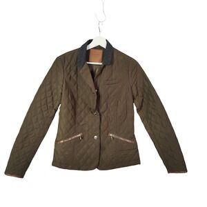 Massimo Dutti Quilted Jacket Womens Small Olive Green Brown‎ Lined Luxury Wealth